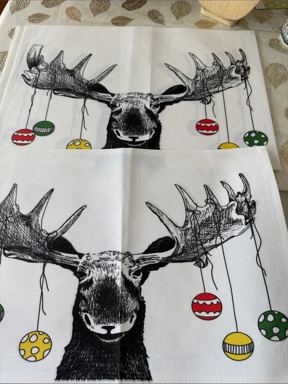 Moose Illustration placemats with Colorful Ornaments set of 4